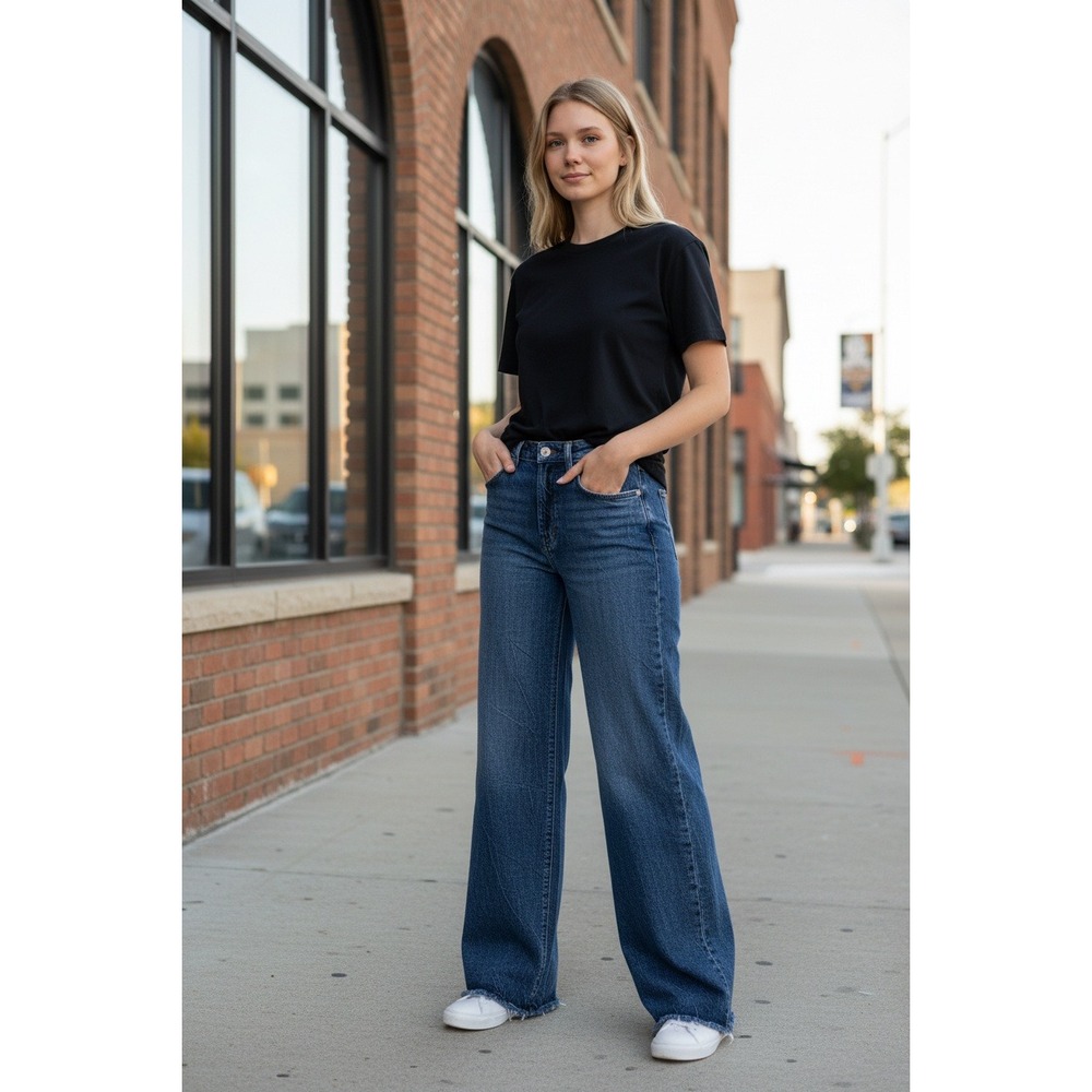 Petra 153 Wide Leg Jeans Women's Size 5/26 Blue Denim Frayed Hem - Picture 2 of 5